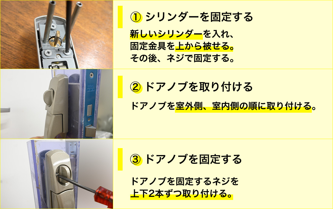 シリンダーを交換して固定パーツを取り付けてネジで固定。ドアノブを取り付けてサムターンのネジで固定したら作業完了です